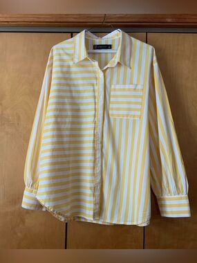 New York & Company Yellow and White Striped Button Front Blouse